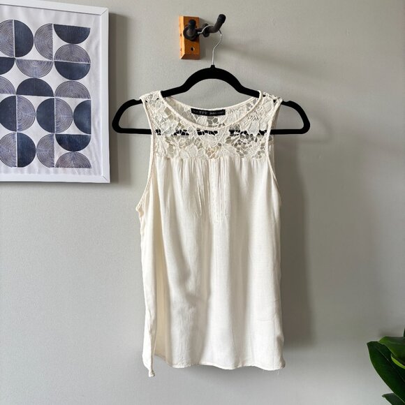 Zara • Cream Lace Crochet Sleeveless Blouse - Picture 1 of 7